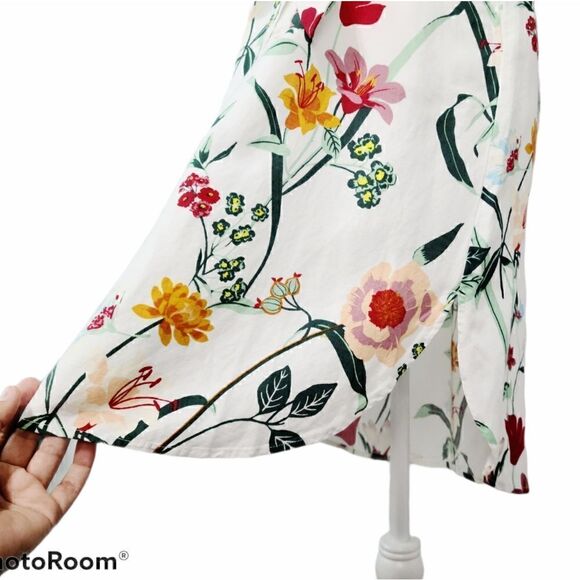 LOFT White Multicolor Floral Puff Sleeve Tent Linen Dress Size 0P Tie Waist - Picture 5 of 12